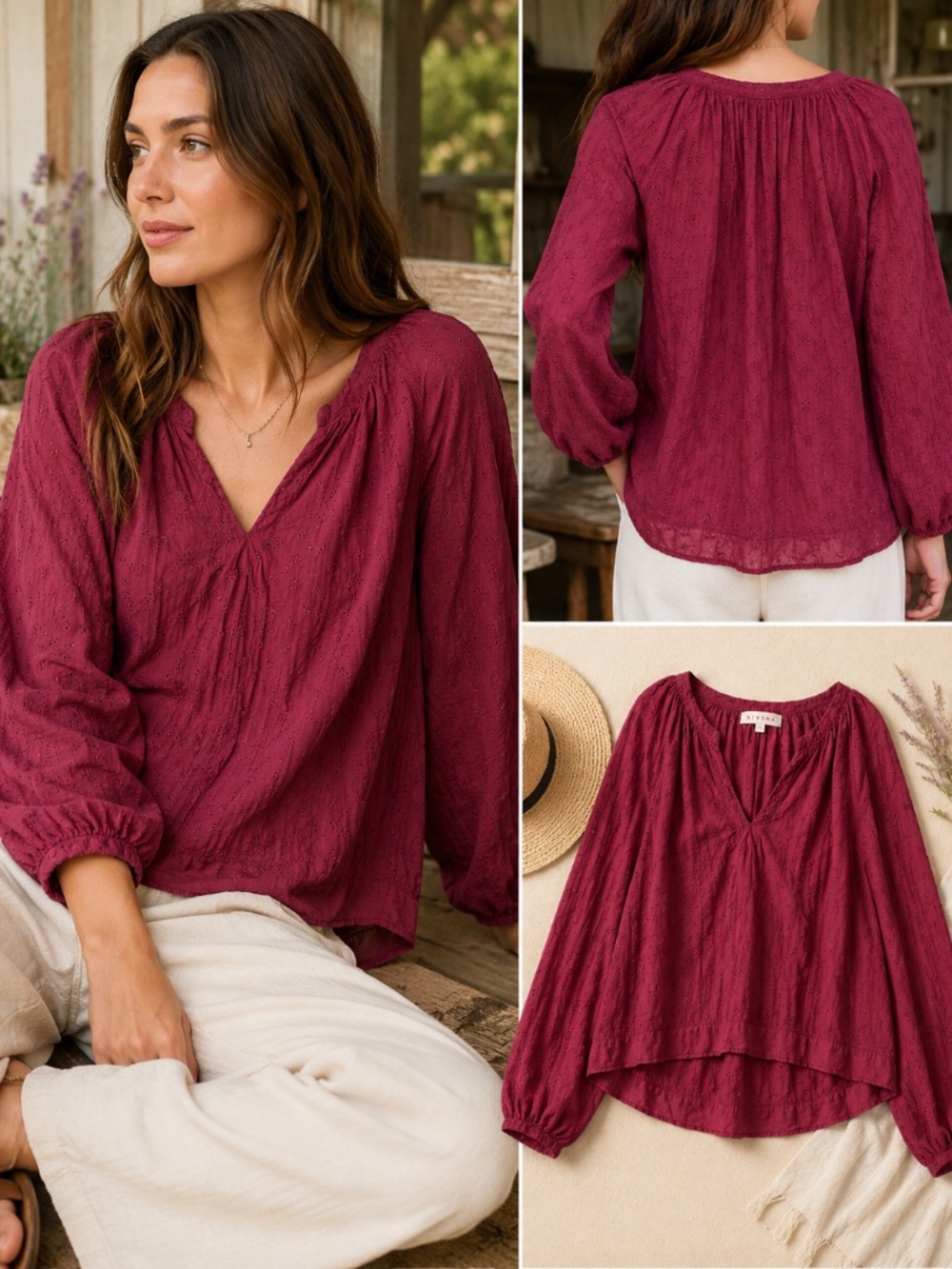 Xirena Women’s Burgundy Eyelet Peasant Blouse S Boho Cottagecore Romantic